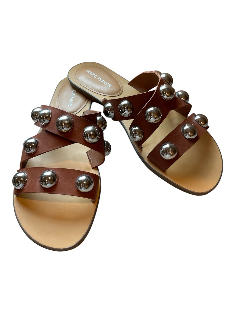 Marc Fisher Tan Leather Slide Sandals with Silver Studs